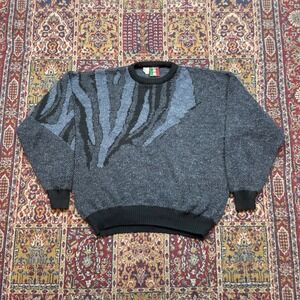 VTG 80s 90s Colore ITALIAN KNIT SWEATER MENS XL ABSTRACT Swirl‎ Gray Black Navy